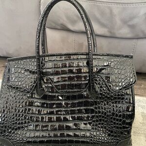 Glossy Black Crocodile-Embossed Satchel